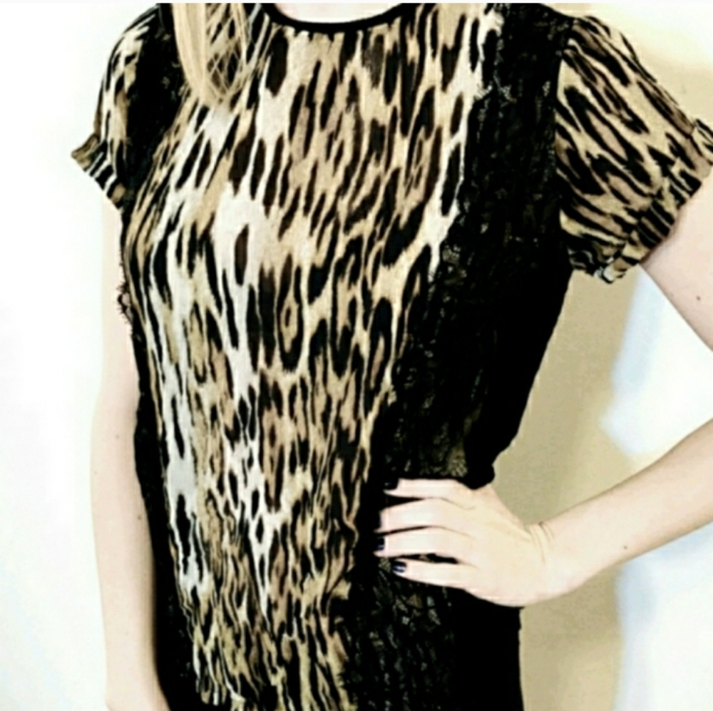 ZARA Leopard Animal Print & Lace Top L